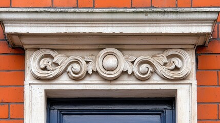 Ornate White Stone Lintel Above Dark Blue Door on Red Brick Wall