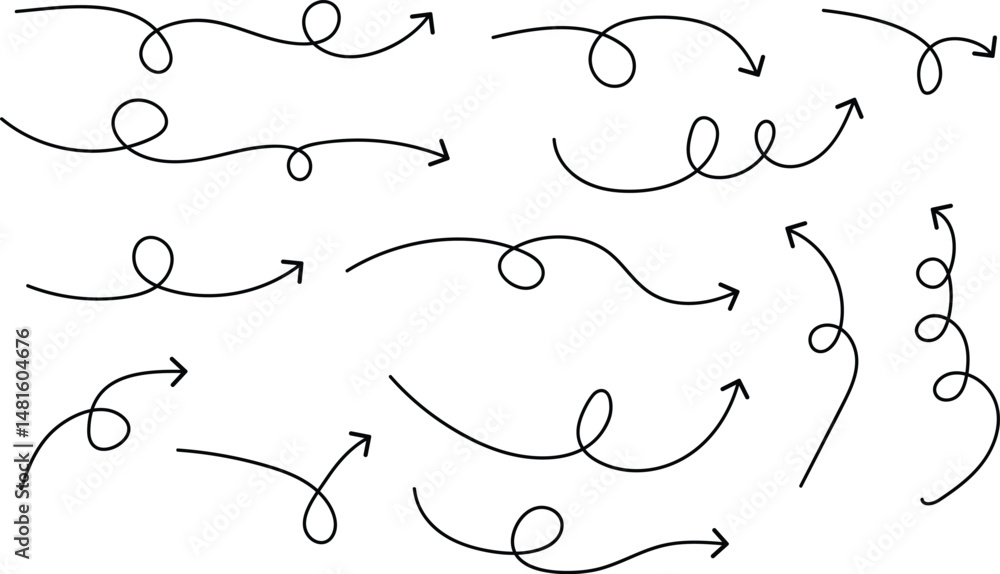 Poster set of thin line black curve arrow. hand drawn direction arrow vector illustration.