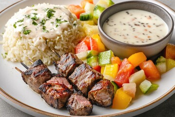 Grilled lamb skewers served with rice, vegetables, and a creamy sauce.