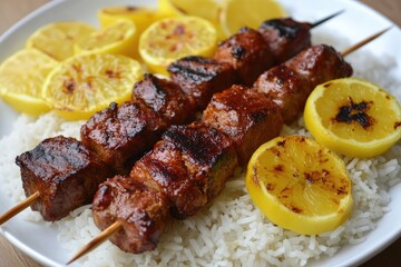 Grilled lemon-herb pork skewers served over rice.