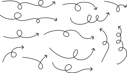 set of thin line black curve arrow. hand drawn direction arrow vector illustration.