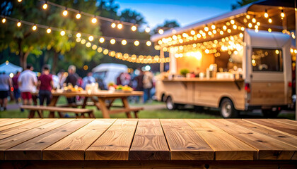 Empty Wooden Picnic Tables Under String Lights at Evening Food Truck Festival and Park with Blurred People