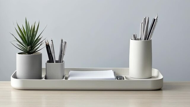 A sleek desk organizer with compartments for pens, paper, and a small plant, set on a bright desk