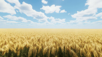 Obraz premium Vast field of golden wheat under a bright blue sky with scattered clouds.