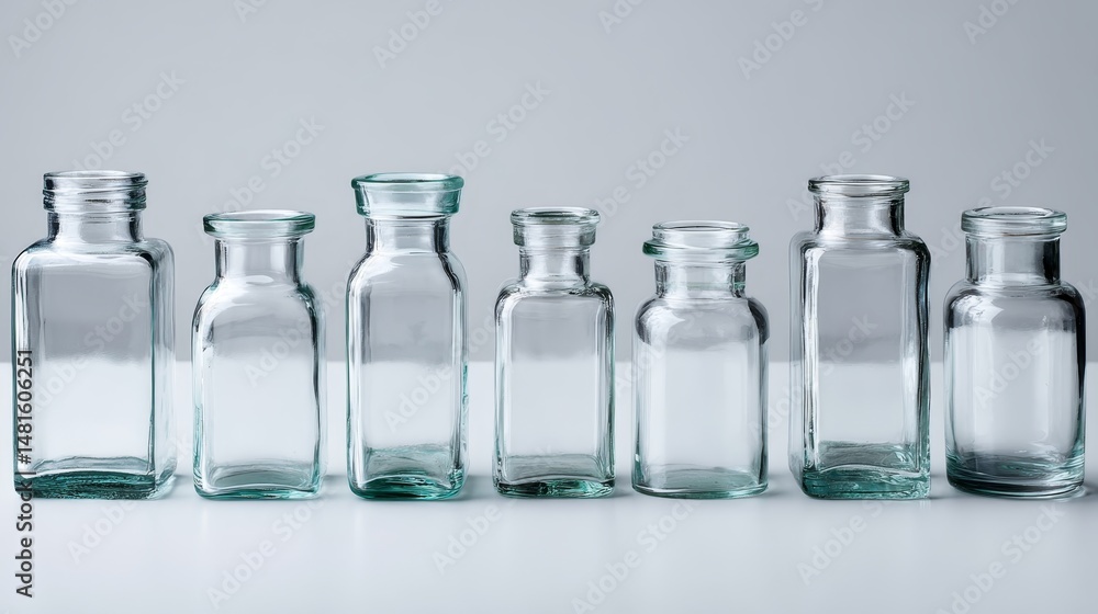 Poster clear glass jars of different shapes arranged neatly against a soft white background highlight an ae