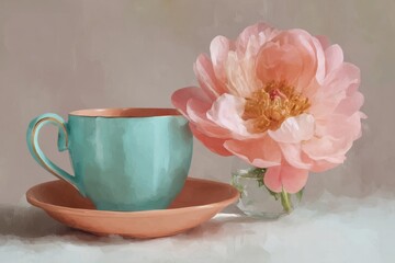 Pastel teacup and peony flower still life arrangement.