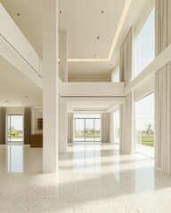 Minimalist Interior Design of Bright Open Living Space with Large Windows and Terrazzo Flooring; Architectural Photography