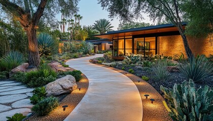 A serene, illuminated pathway with heated pavers and lush landscaping 3. Generative AI