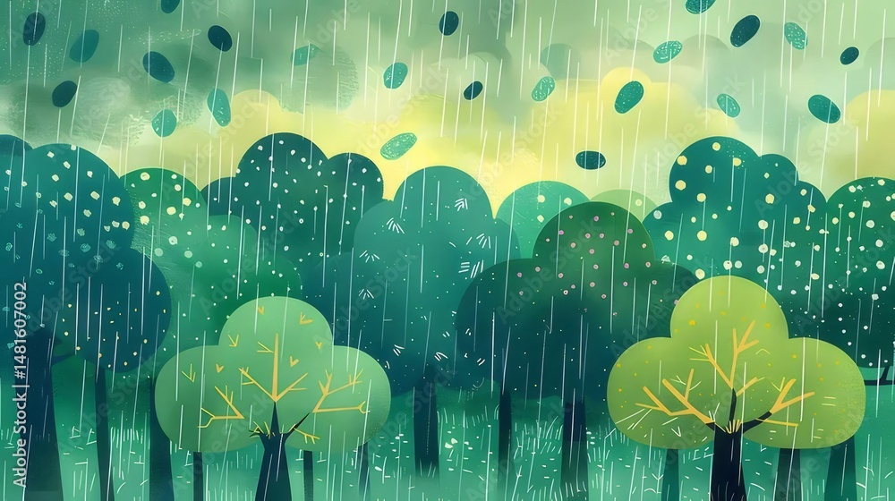 Aufkleber 緑豊かな森林と雨の抽象的な背景で、緑、黄色の色調、平和で落ち着いた雰囲気