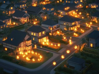 Illuminated suburban homes at night, decorated for a Halloween celebration.