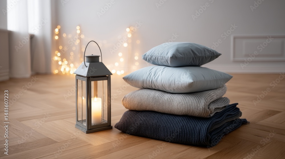 Poster soft linen cushions stacked neatly beside a glowing lantern create a warm and inviting atmosphere. f