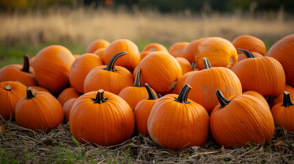 A pile of orange pumpkins sits outdoors in a field during autumn.