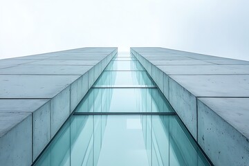 Modern building exterior, concrete and glass facade looking up to sky, architecture