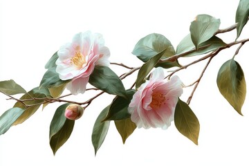 Obraz premium Delicate camellia blossoms on a branch against a white backdrop.