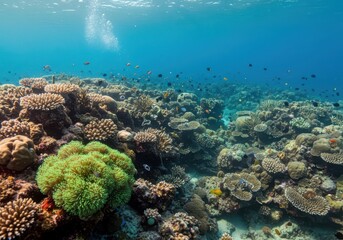 Fototapeta premium Vibrant Coral Reef Underwater Scene with Colorful Fish Swimming in Clear Blue Water, Stunning Marine Ecosystem Displaying Diverse Marine Life and Coral Structures