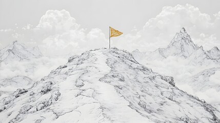 Snowy mountaintop summit with a yellow flag.