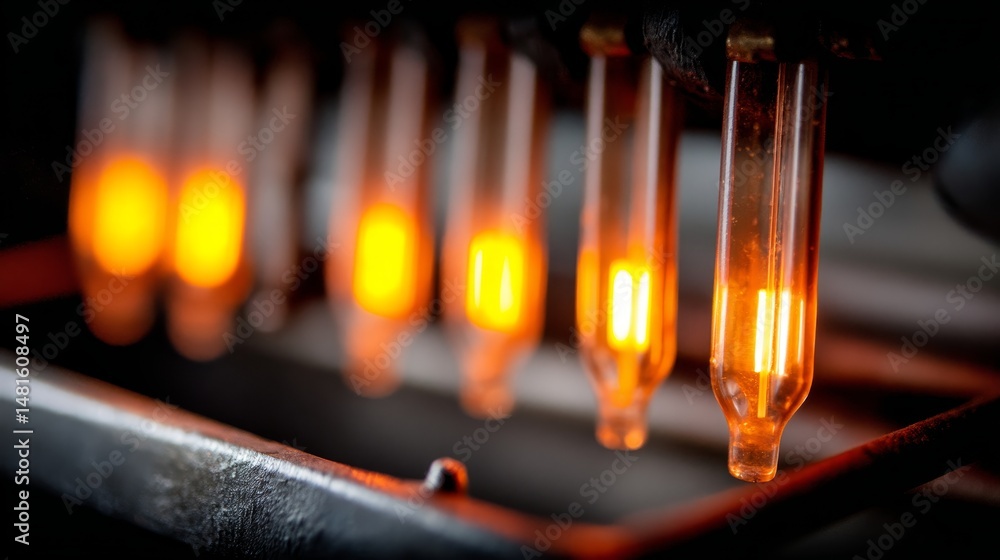 Poster Close-up of engine parts shows polished metal shining in vibrant orange neon light, highlighting its intricate technical design in low light