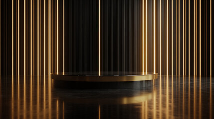 Fototapeta premium Vertical wood panel design features warm light in dark wall, Minimalist stage design featuring wooden panels and ambient lighting, Abstract geometric platforms with golden accents and elegant.