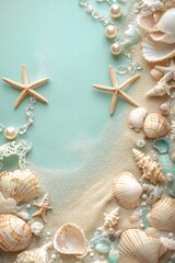 Seashell and pearl arrangement on light teal background