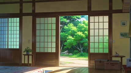 3D anime interior, summer breeze through paper doors, fan spinning, rural house