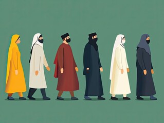 Diverse muslim individuals in modest attire walking in a row.