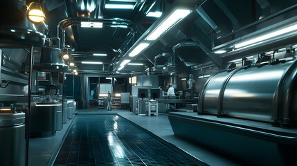 Fototapeta premium Industrial interior featuring metallic tanks pipes and various equipment under bright lights.