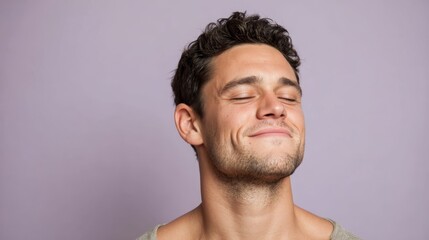 Obraz premium A young man's serene expression captures tranquility and confidence, his glowing skin complemented by a soft lavender backdrop, reflecting minimalist beauty ideals