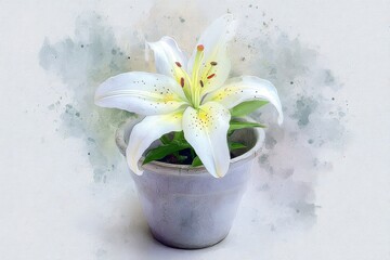 Delicate white lily in a muted gray pot.