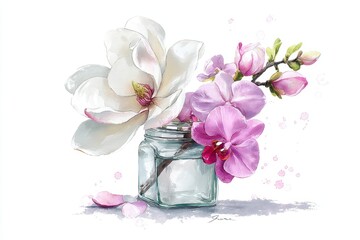 Delicate floral arrangement in glass vase,  illustrated with soft colors.
