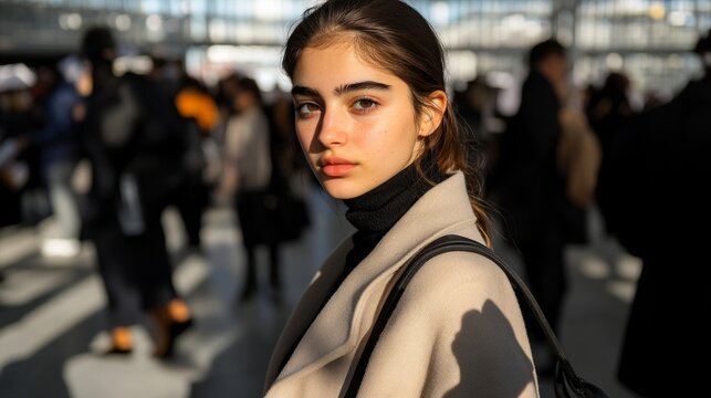 Candid portrait of a young professional woman at job fair: authentic career aspirations natural light and blurred background