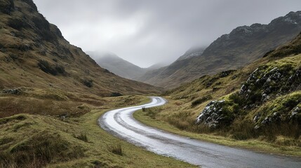 Winding mountain road in a misty glen.