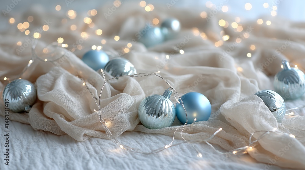 Aufkleber Silver and blue holiday ornaments are arranged artfully on a soft cream backdrop, illuminated by warm fairy lights creating a festive and inviting ambiance