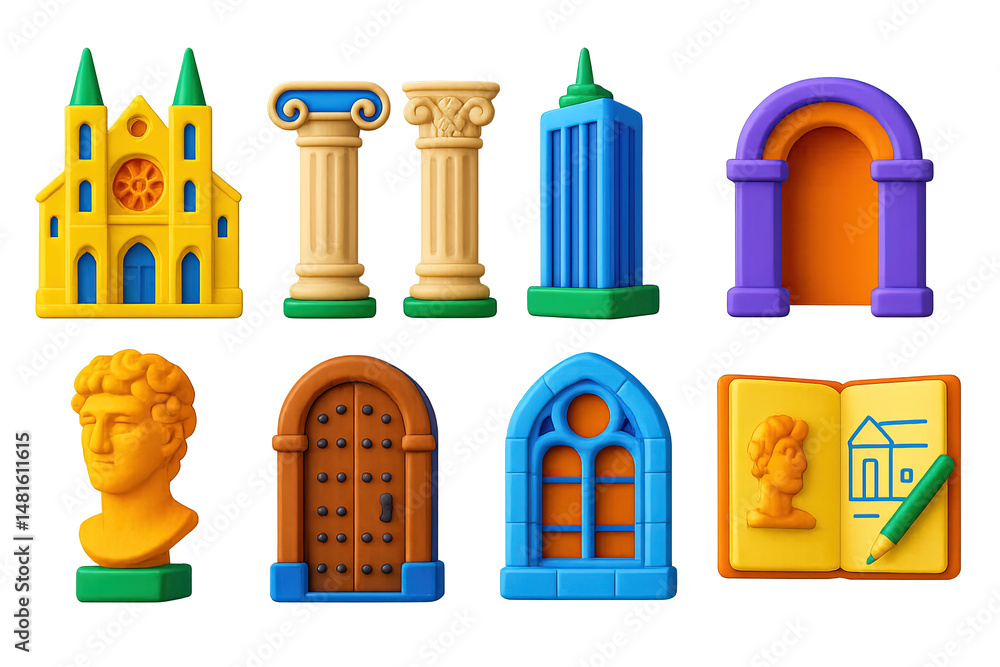 Poster architecture icons set – 3d, solid, building and historical structure symbols