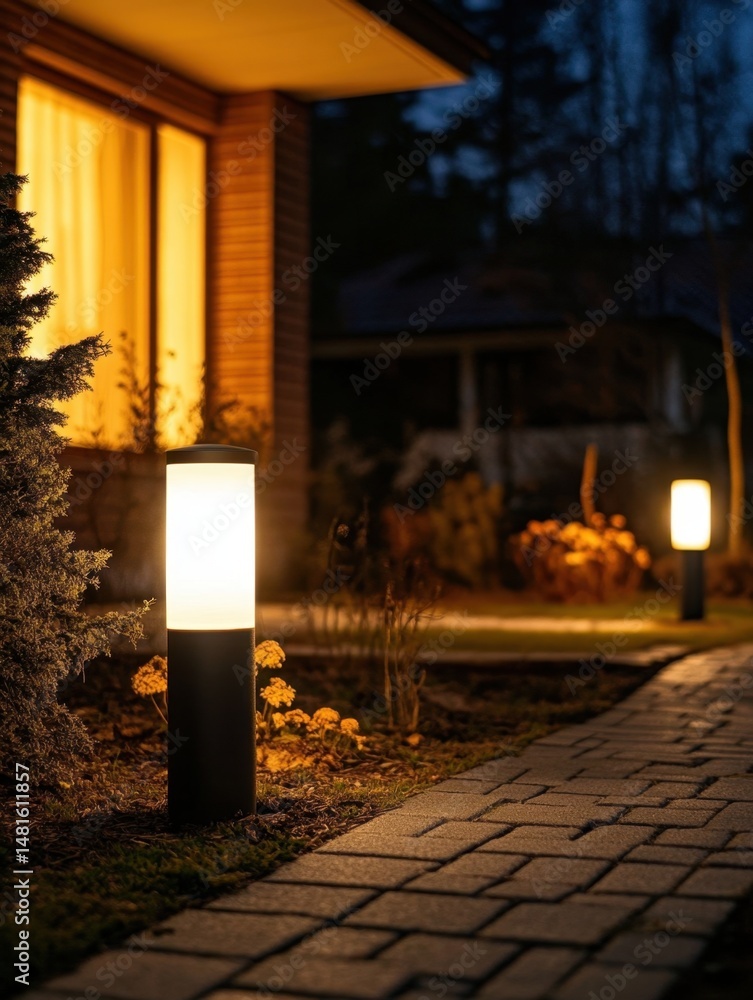 Poster illuminated pathway featuring modern bollard lights at twilight in a residential garden setting crea