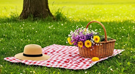 Inviting Spring Picnic Scene Featuring a Cozy Blanket, Stylish Straw Hat, and a Charming Basket Filled with Flowers
