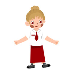 Illustration of a young girl in school uniform, arms outstretched.