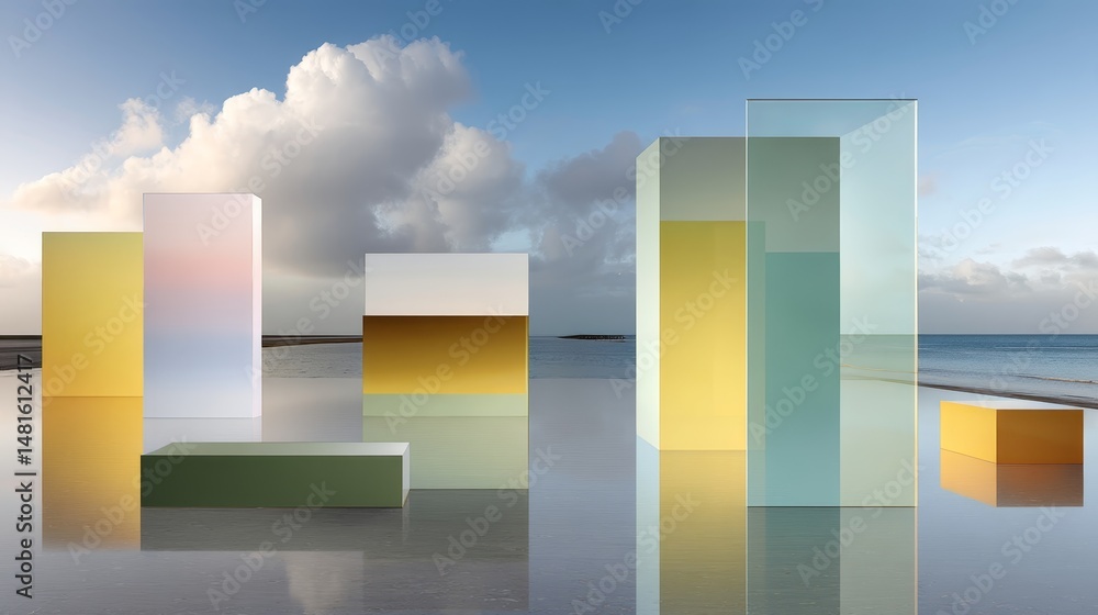 Poster Geometric structures in soft-focus create a dreamlike atmosphere along a tranquil shoreline during early morning, bathed in pastel colors and surreal lighting