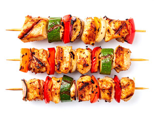 Grilled chicken skewers isolated on white background, top view