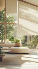 Fototapeta premium Bright Living Room Interior with Large Windows and Roller Shades, Modern Design, Natural Light, Cozy Atmosphere, Serene View