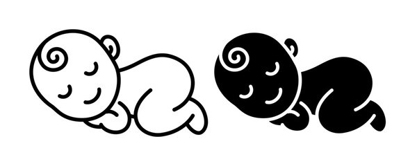 Sleeping baby icon set. Baby face family. Cute baby sleep logo, badge, label, symbol, black, line, vector, isolated illustration. Baby care symbol. Cute child smile sign.