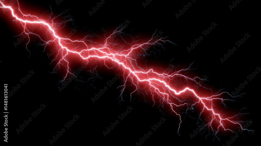 Poster Red electric lightning bolts radiate from a center point against a black background, perfect for use in various design and compositing applications