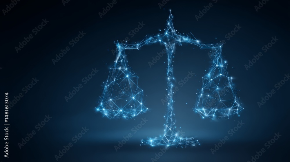 Poster a digital illustration showcases glowing scales of justice composed of light points and digital node