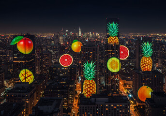Nighttime cityscape with projected fruit images creative advertising concept