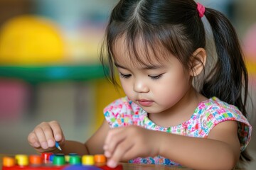 Concentrated toddler engrossed in colorful toy activity.