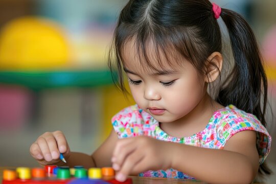 Concentrated toddler engrossed in colorful toy activity.