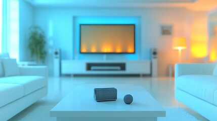 Bright modern living room with media center smart home devices and white furniture with ambient lighting 