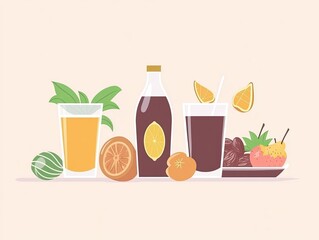 Colorful array of refreshing fruit drinks and snacks.