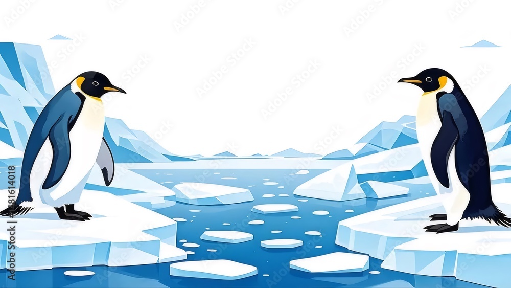 Aufkleber 氷山に立つ2羽のペンギン ピクセルアートスタイルの冬の風景 シーン 青い氷と白い雪の背景 イラストレーションによる自然の美しさ