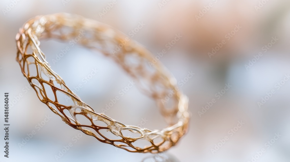 Poster Close view of a metallic medical device featuring an intricate mesh structure, highlighting its precision and complexity against a soothing background
