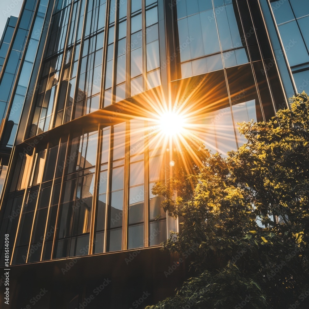 Poster sunburst on modern glass building facade with tree in foreground low angle view urban architecture